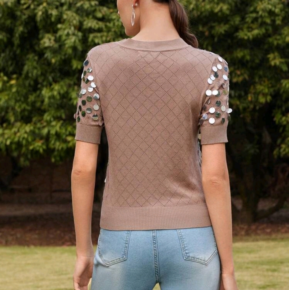 Elegant Novelty Embellished Sequin Knit Short Sleeve Sweater,Spring/Summer - Picture 2 of 5